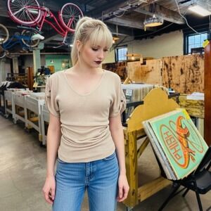 90s DEB Beige Knit Top S Longline Fitted Sweater USA Side Gathered V Neck